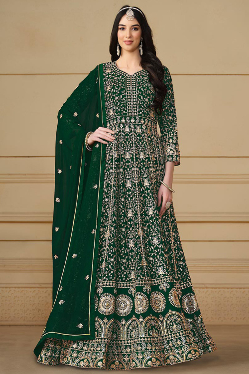 Embroidered Georgette Dark Green A Line Anarkali Suit