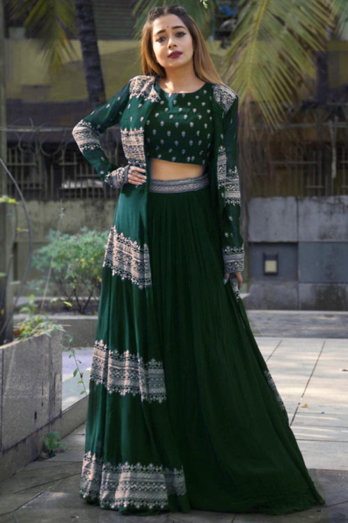 Embroidered Georgette Dark Green Lehenga With Jacket 