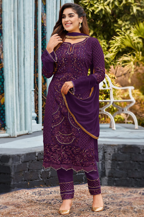 Dark Purple Straight Pant Georgette Traditional Suit for Party 