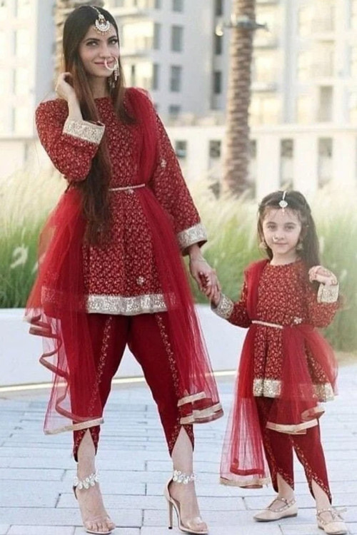 Fabric: Georgette Pattern: Embroidered Red Color Mother-Daughter