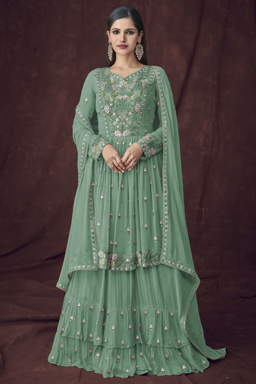 Embroidered Georgette Dusty Green Lehenga