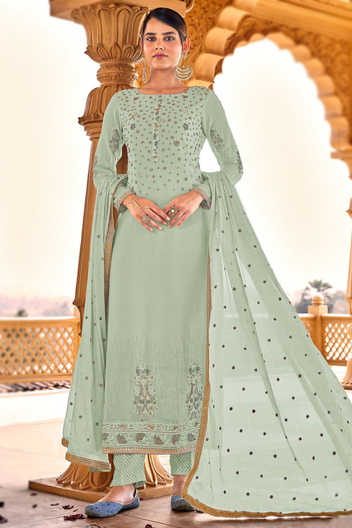 Embroidered Georgette Dusty Green Trouser Suit