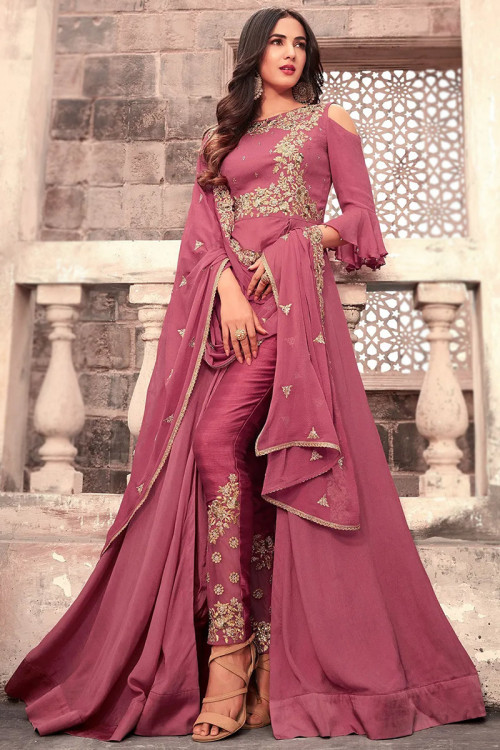 Sangeet Zari Embroidered Eid Anarkali Suit in Georgette Dusty Pink