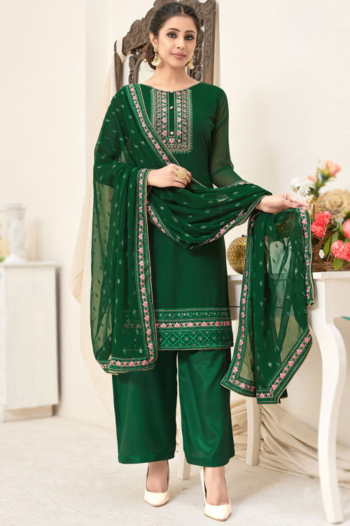 Embroidered Georgette Green Palazzo Suit