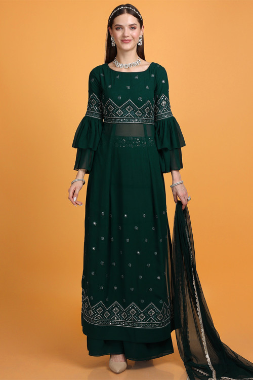 Embroidered Georgette Green Palazzo Suit for Eid