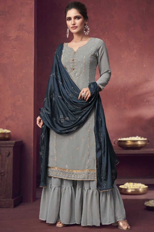  Embroidered Georgette Pure Grey Sharara Suit
