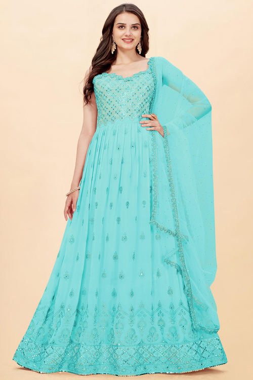 Embroidered Georgette Light Blue Anarkali Suit