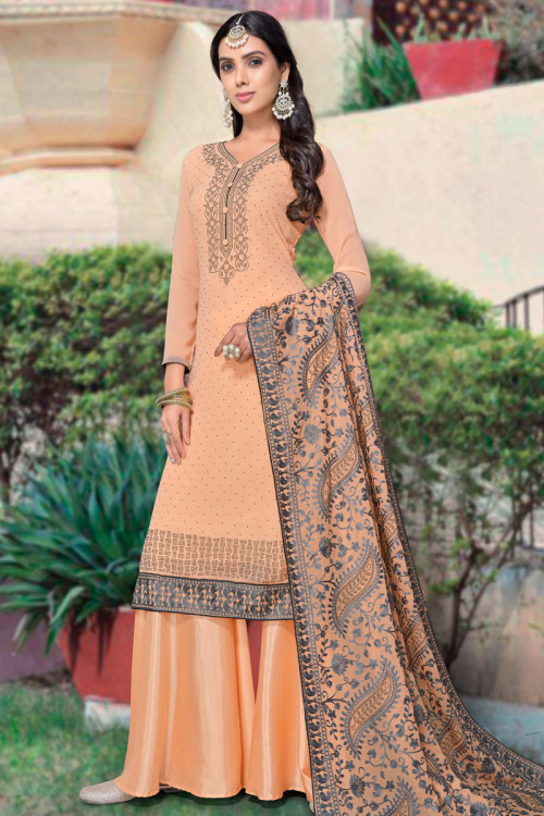 Embroidered Georgette Light Orange Party Wear Sharara Suit