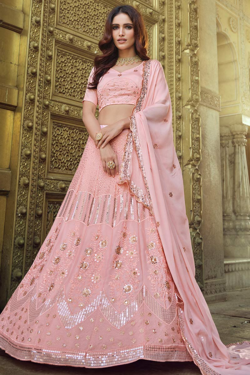 Embroidered Georgette Light Pink Wedding Wear Lehenga