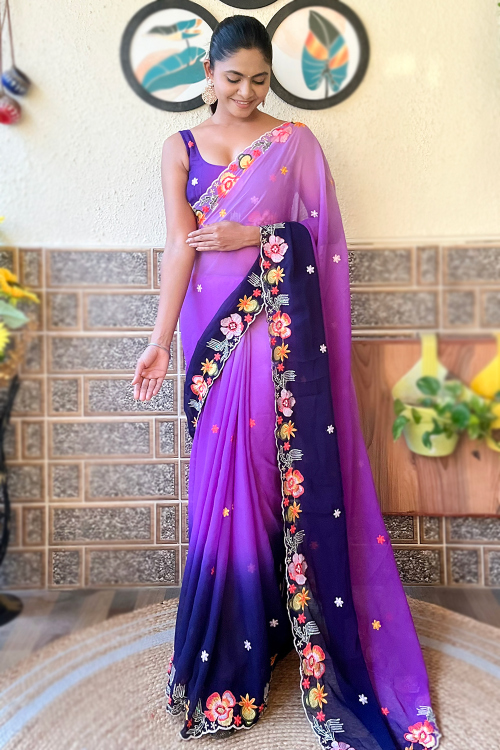 Embroidered Georgette Light Purple Ombre Saree 