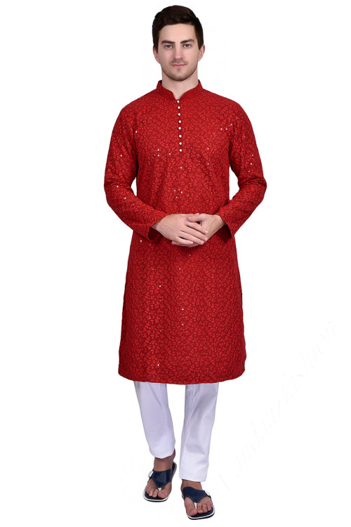 Buy Maroon Georgette Chinese Collar Neck Kurta Pajama Online for Men in USA