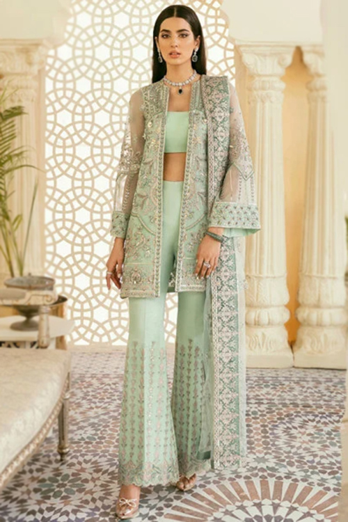 Embroidered Georgette Mint Green Jacket Style Suit for Wedding & Party