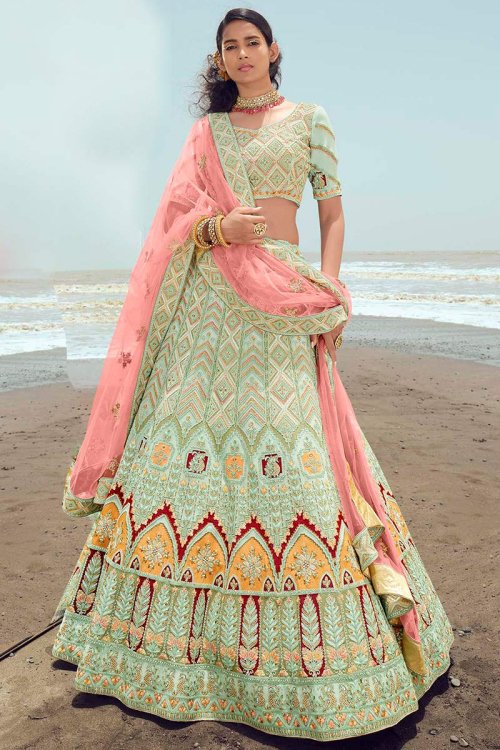 Mint Green A Line Georgette Lehenga for Bridesmaid