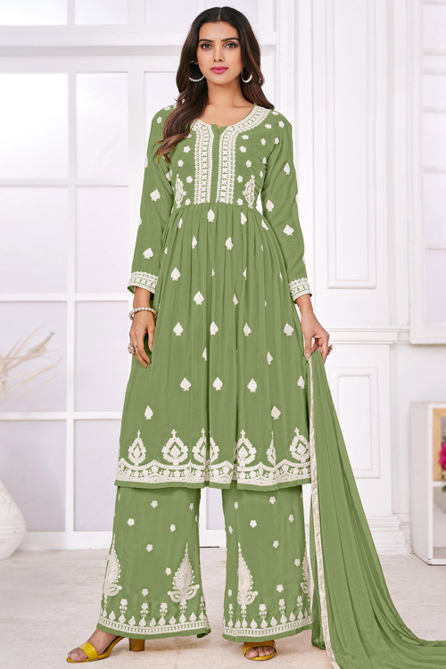 Embroidered Georgette Moss Green Palazzo Suit