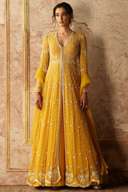 Front Slit Anarkali Suit in Georgette Mustard Yellow for Wedding 