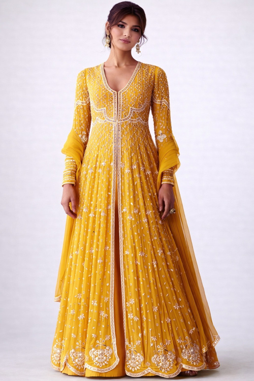 Front Slit Bridal Anarkali Salwar Suit in Georgette Mustard Yellow for Eid
