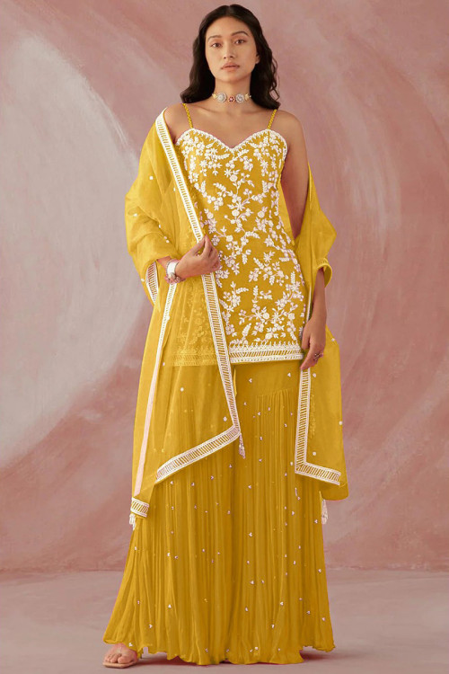 Wedding Wear Resham Work Sharara Suit in Georgette Mustard Yellow