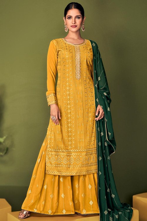 Party Wear Sequins Work Sharara Suit in Georgette Mustard Yellow