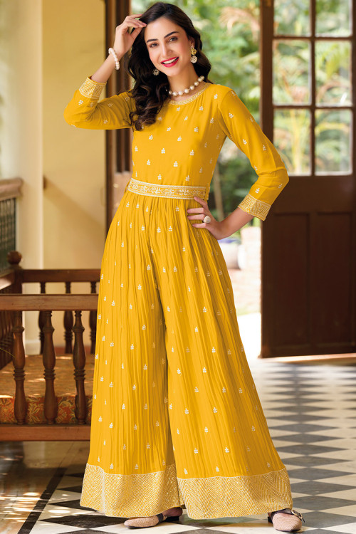 Embroidered Georgette Mustard Yellow Trouser Suit
