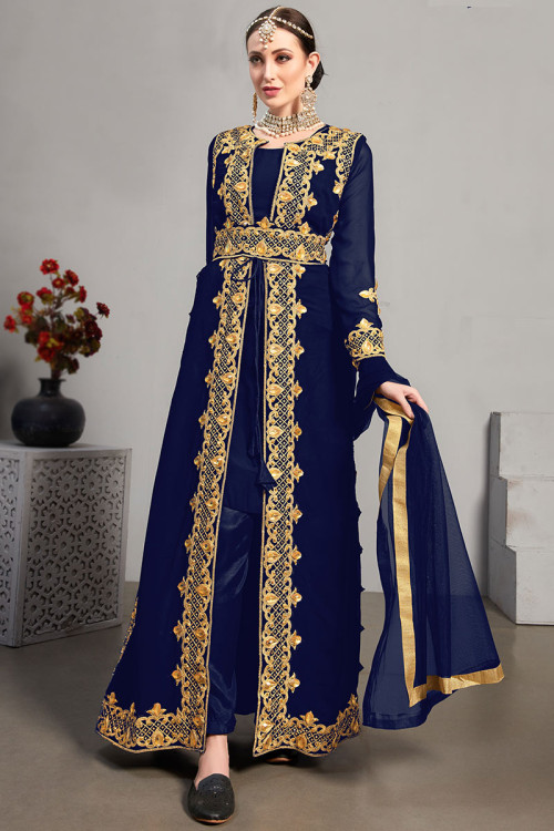 Embroidered Georgette Navy Blue Jacket style Trouser Suit