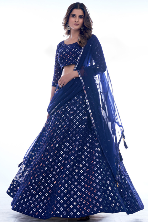 Sequins Work Wedding Wear Lehenga in Navy Blue Georgette