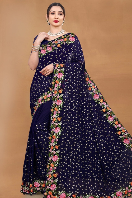 Embroidered Georgette Navy Blue Light Weight Saree 