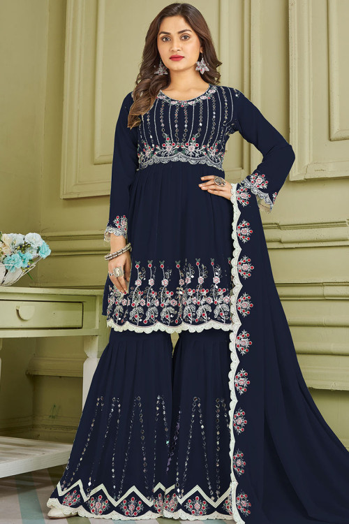 Pink Blue Georgette Embroidered Sharara Suit With Real Mirror Work