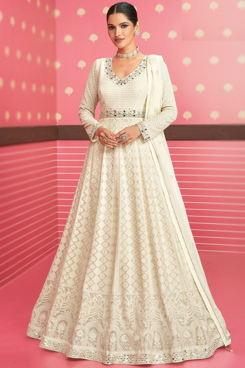 Embroidered Georgette Off-White Anarkali Suit
