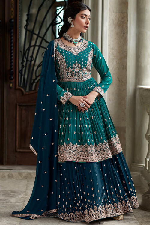 Embroidered Georgette Peacock Blue Lehenga with Choli