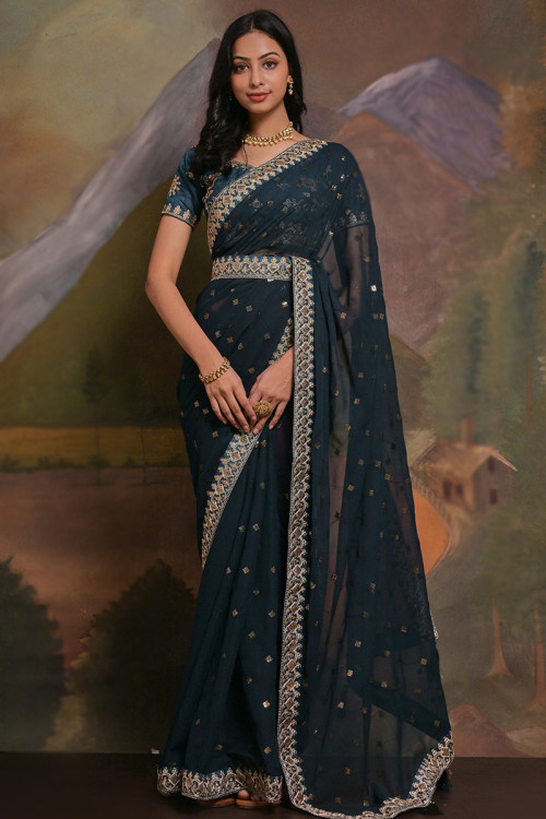 Embroidered Georgette Peacock Blue Light Weight Saree 