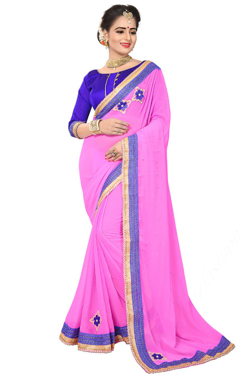 Georgette Pink Stone Embroidered Saree for Party 