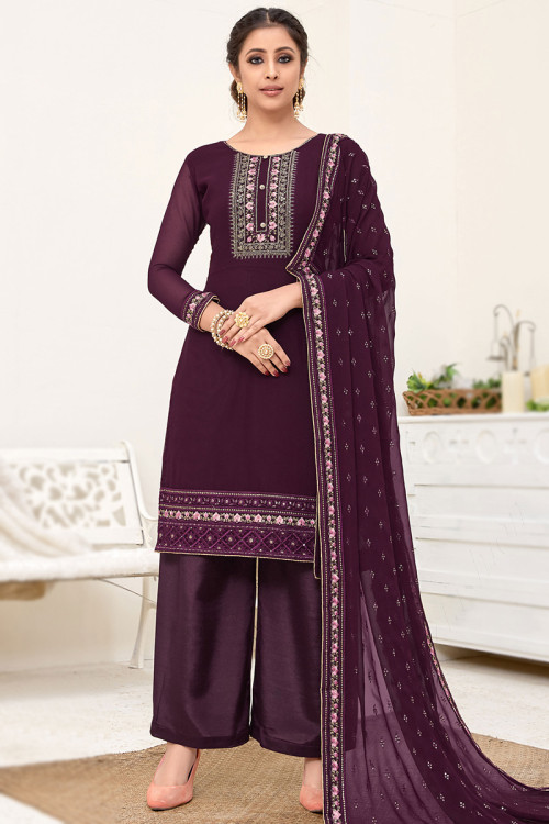 Straight Cut Trouser Suit in Georgette Plum Purple for Party 