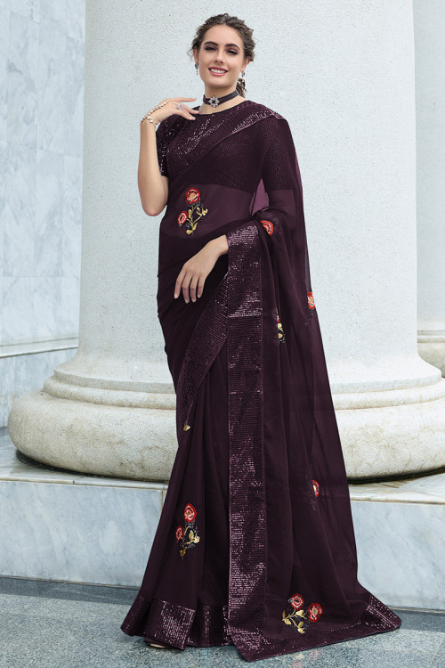 Beautifull Designer Party Wear Wine Colour Embroidery Work Lace Saree With  Sequence work Blouse
