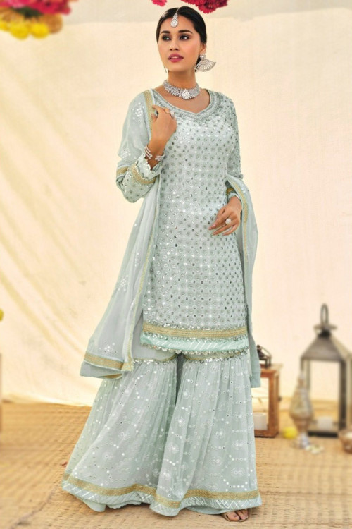 Embroidered Georgette Powder Blue Sharara Suit
