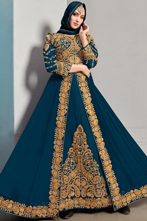 Embroidered Georgette Teal Blue Anarkali Suit