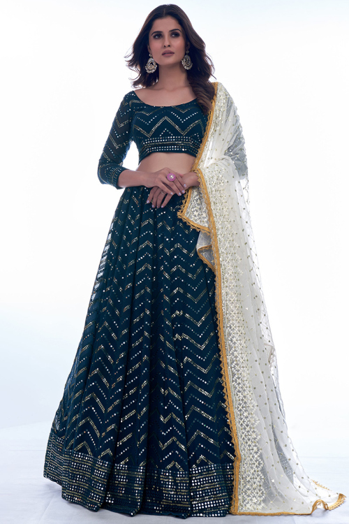 Thread Work Prussian Blue Lehenga in Georgette for Wedding 