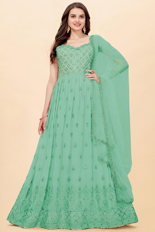 Embroidered Georgette Seafoam Green Anarkali Suit
