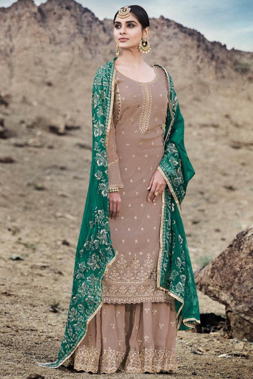 Embroidered Georgette Sharara Suit In Light Brown Color