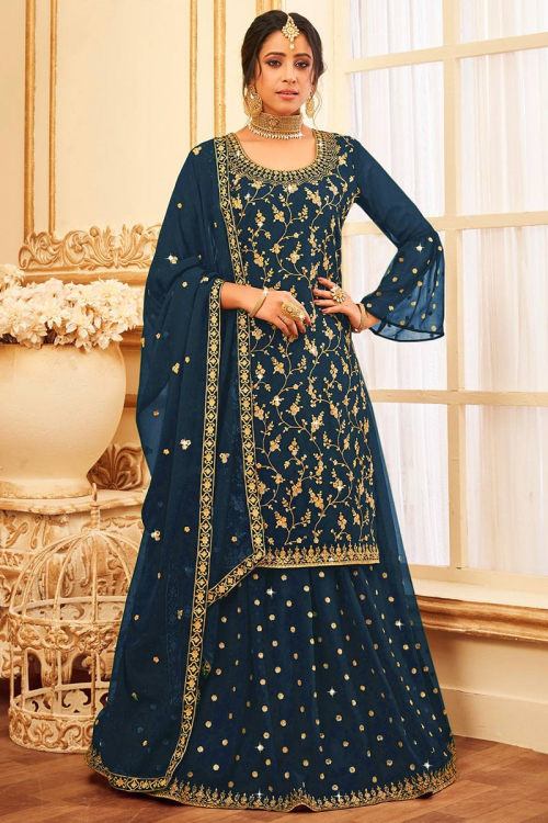Party Wear Stone Embroidered Lehenga in Georgette Teal Blue
