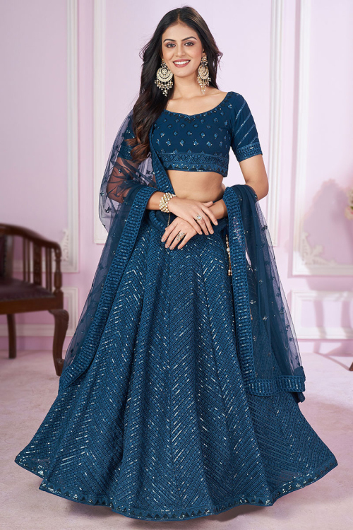 Embroidered Georgette Teal Blue Panelled Style Lehenga