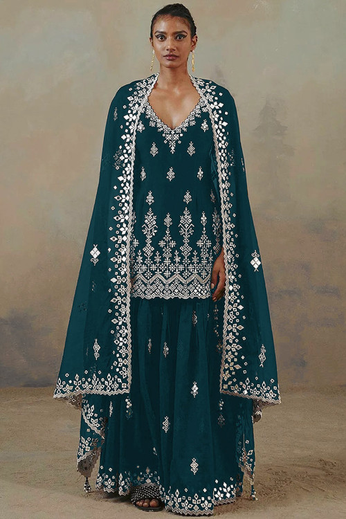 Teal Blue Georgette Straight Cut Sharara Suit with Resham Work