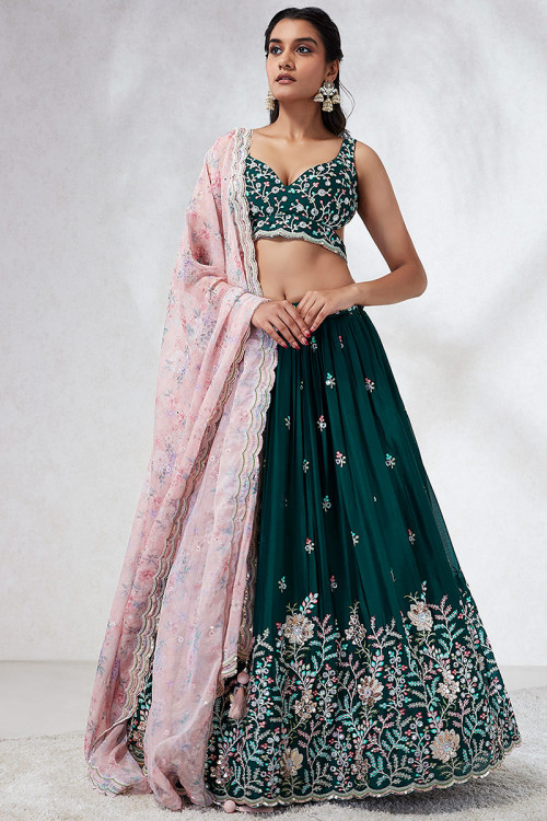 Embroidered Georgette Teal Green Flared Style Lehenga