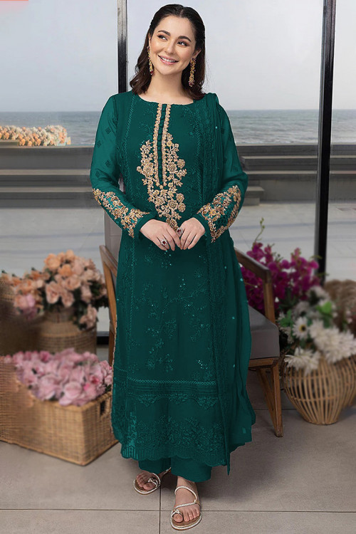 Embroidered Georgette Teal Green Straight Cut Suit 