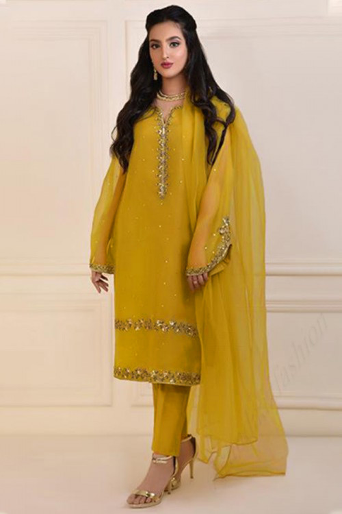 Embroidered Georgette Trombone Yellow Wedding Wear Trouser Suit