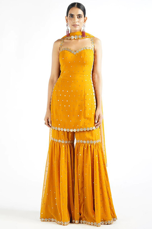Turmeric Yellow Party Wear Sharara Suit in Georgette