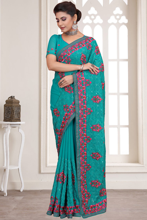 Party Wear Sequins Embroidered Turquoise Green Saree in Georgette