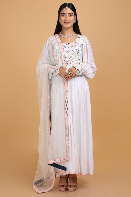 White Georgette Anarkali Eid Gown Anarkali Suit with Sequins Work