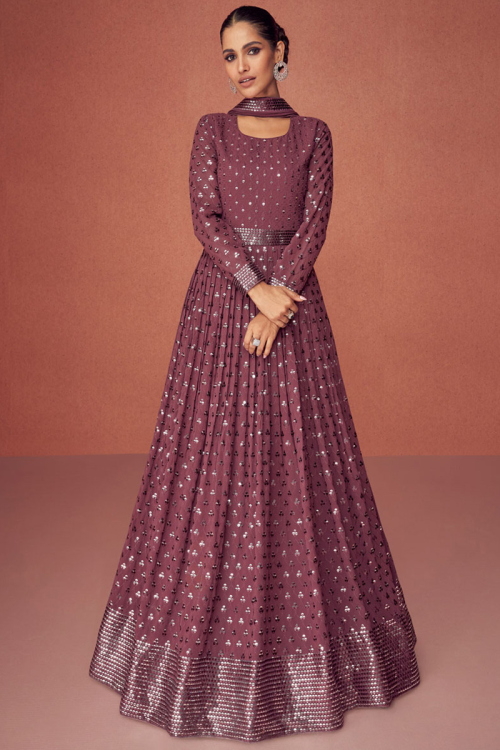 Embroidered Georgette Wine Anarkali Suit