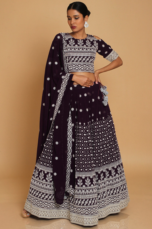 Wine Purple Georgette Lehenga with Resham, Sequins & Faux Mirror Work
