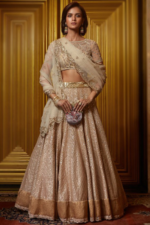 Gold A Line Bridal Wear Lehenga in Organza